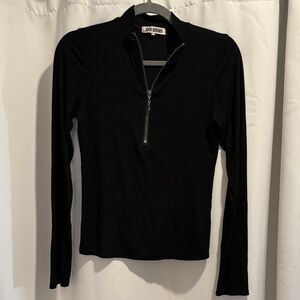 Joah Brown Half Zip Ribbed Mock Neck Top